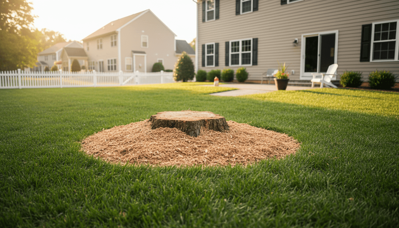 Fresh stump grind in a residential Arlington yard, ground cleanly to below grade