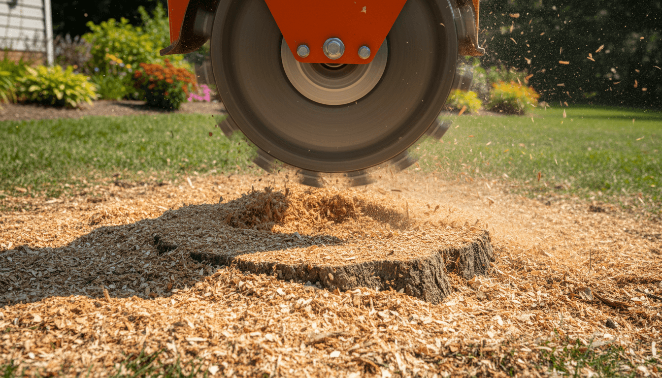 A close-up shot of a stump grinder's cutting wheel resting on a freshly ground stump, with wood chips scattered around in natural outdoor lighting.