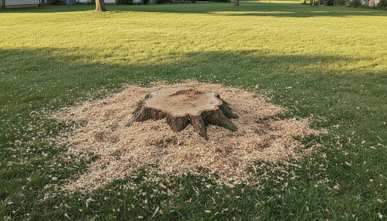 Freshly ground stump below grade in an Arlington yard, ready for seeding