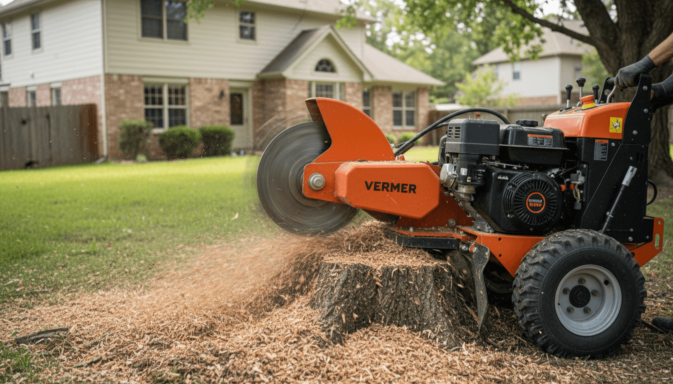 Stump grinder working on a stump in a residential yard
